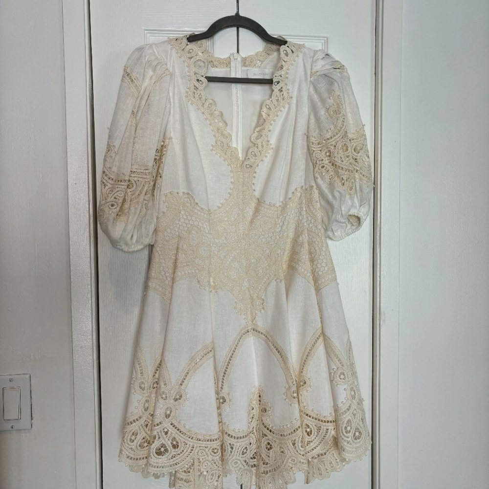 NWOT Zimmermann Tiggy crocheted lace-paneled linen mini dress